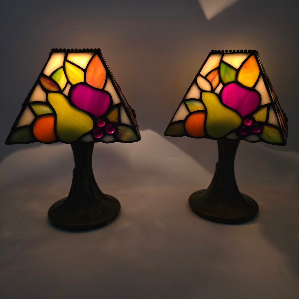 Pair Tiffany Style Fruit Fairy Lamps Mini Accent Table Lamps Stained Glass Look
